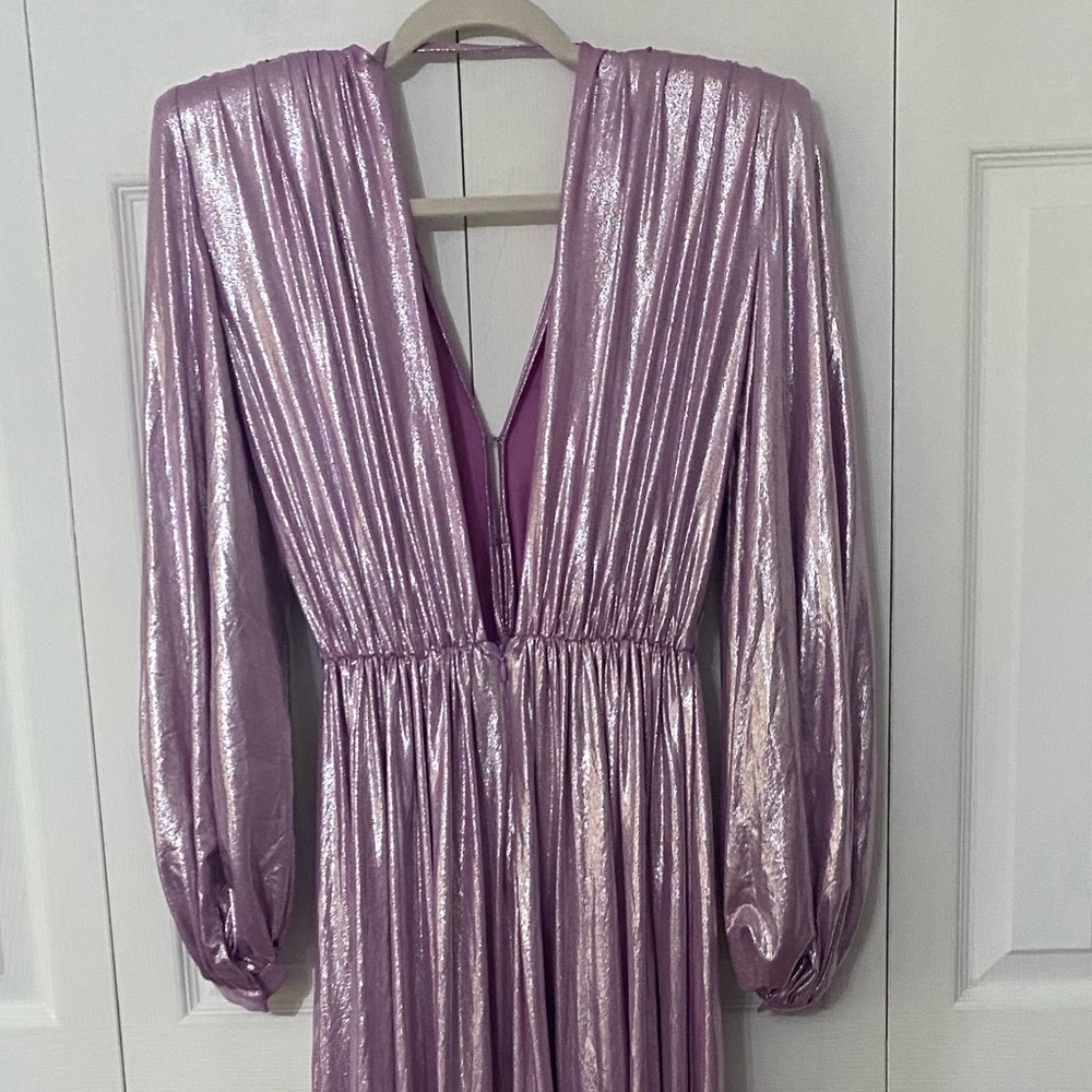 BRONX and BANCO Lavender Metallic Shimmer Long Sleeve Maxi Dress Gown Slit 2 - Picture 5 of 11
